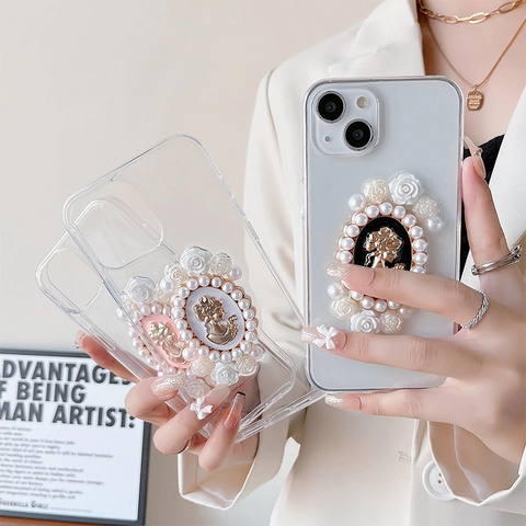 Funda Teléfono Retro Francesa Relieve Camafeo TPU Transparente Resina Flor Perla Artificial Decorativa Barroco Elegante Protectora