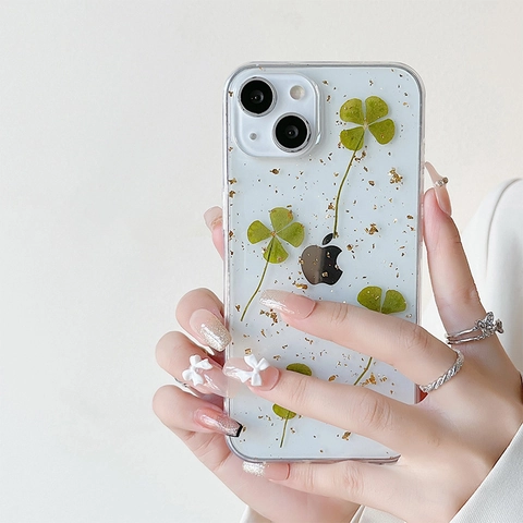 Transparent Phone Case With Real Dried Four-Leaf Clover And Gold Foil Protective TPU Cover Smartphone Natural Style
