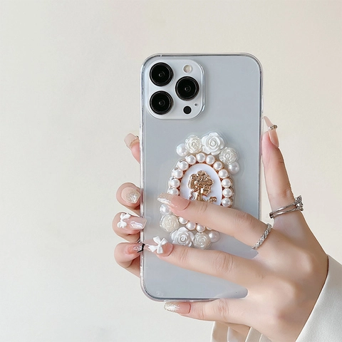 Funda Teléfono Retro Francesa Relieve Camafeo TPU Transparente Resina Flor Perla Artificial Decorativa Barroco Elegante Protectora