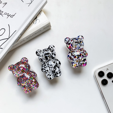 Supporto Per Telefono Orso Brillantini Resina Trasparente 3D Animale Supporto Da Scrivania Retrattile