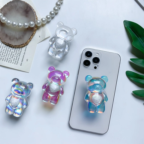 Cute Bear Phone Grip Stand Iridescent Holographic Acrylic Griptok With Plush Heart Retractable Adhesive Phone Holder