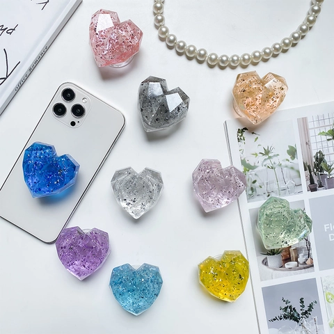 3D Gefacetteerde Hart Telefoon Griptok Hars Glitter Zilverfolie Uitschuifbare Vouwstandaard Accessoire Koreaanse Stijl