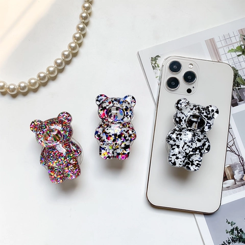 Supporto Per Telefono Orso Brillantini Resina Trasparente 3D Animale Supporto Da Scrivania Retrattile