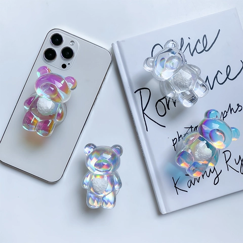 Cute Bear Phone Grip Stand Iridescent Holographic Acrylic Griptok With Plush Heart Retractable Adhesive Phone Holder