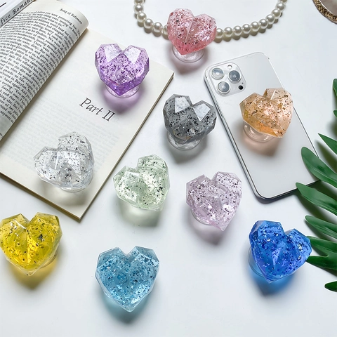 3D Gefacetteerde Hart Telefoon Griptok Hars Glitter Zilverfolie Uitschuifbare Vouwstandaard Accessoire Koreaanse Stijl