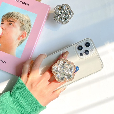 Luxe Bloemvormige Telefoonhouder Met Steentjes Uittrekbare Griptok Universele Kristallen Plakhouder Schitterend Design