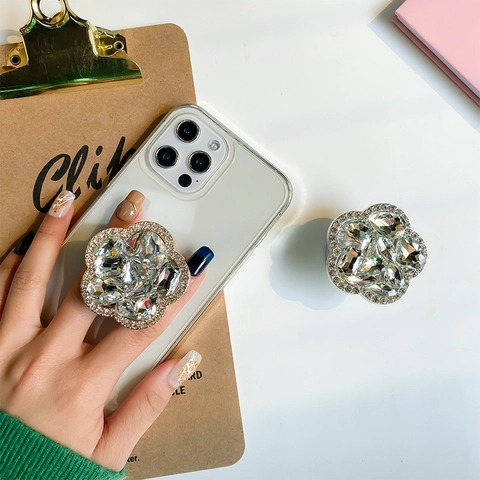 Luxe Bloemvormige Telefoonhouder Met Steentjes Uittrekbare Griptok Universele Kristallen Plakhouder Schitterend Design