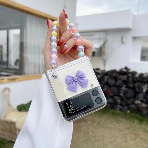 Folding Phone Case Transparent PC With 3D Bowknot And Colorful Gradient Bead Chain Strap For Samsung Galaxy Z Flip Fold Series