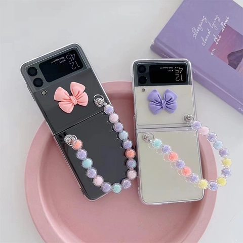 Folding Phone Case Transparent PC With 3D Bowknot And Colorful Gradient Bead Chain Strap For Samsung Galaxy Z Flip Fold Series