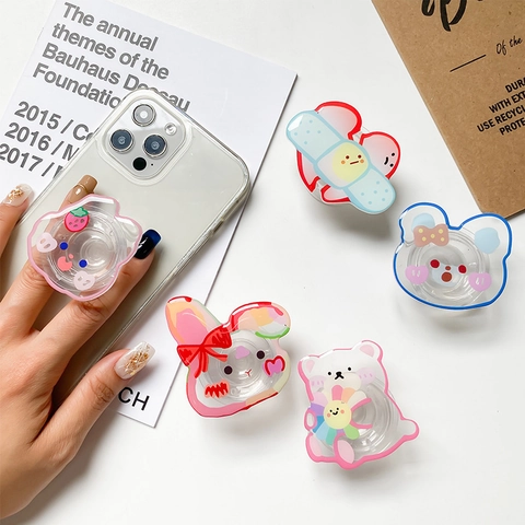 Phone Grip Stand Transparent Plastic Expandable Holder Cartoon Cute Rabbit Bear Heart Design For Smartphone