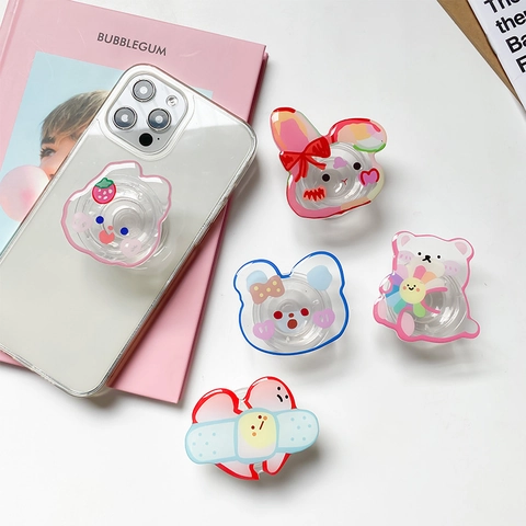 Phone Grip Stand Transparent Plastic Expandable Holder Cartoon Cute Rabbit Bear Heart Design For Smartphone