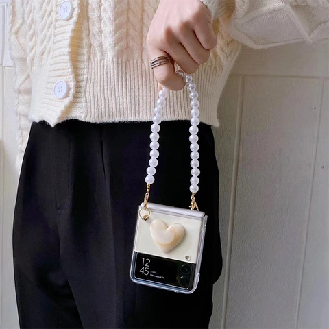 Folding Smart Phone Case With Faux Artificial Pearl Chain Handle And 3D Heart Decor Transparent PC Cover For Foldable Models