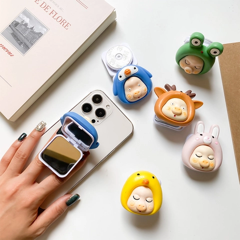 Cartoon Schwein Tierkostüm Klappbar Handyhalter Mit Tragbarem Make-up Spiegel Klebe Desktop Ständer Für Damen Mädchen