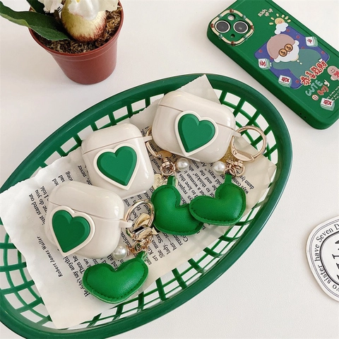 Funda Protectora Auriculares Corazón Verde Para AirPods Serie TPU Suave Con Colgante Cuero Perla Artificial Accesorios Estilo Ins