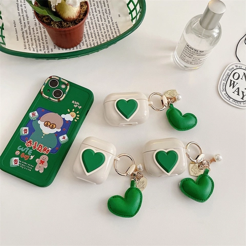 Funda Protectora Auriculares Corazón Verde Para AirPods Serie TPU Suave Con Colgante Cuero Perla Artificial Accesorios Estilo Ins