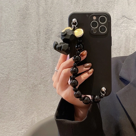 Μαύρη Ματ Θήκη Τηλεφώνου Για iPhone Με Βραχιόλι Με Χάντρες Λουράκι Καρπού Γεωμετρικό Μενταγιόν Αρκούδας Προστασία TPU