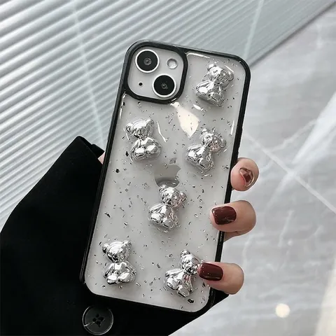3D Elektroplattierte Silber Bär iPhone Hülle Mit Silberfolie Harz Transparent TPU Weicher Rand Metallic Ins Stil