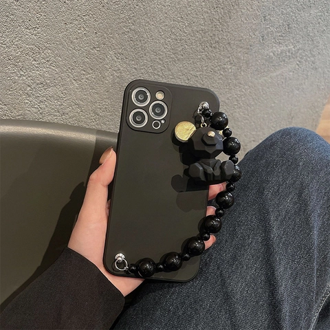 Μαύρη Ματ Θήκη Τηλεφώνου Για iPhone Με Βραχιόλι Με Χάντρες Λουράκι Καρπού Γεωμετρικό Μενταγιόν Αρκούδας Προστασία TPU