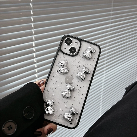 3D Elektroplattierte Silber Bär iPhone Hülle Mit Silberfolie Harz Transparent TPU Weicher Rand Metallic Ins Stil