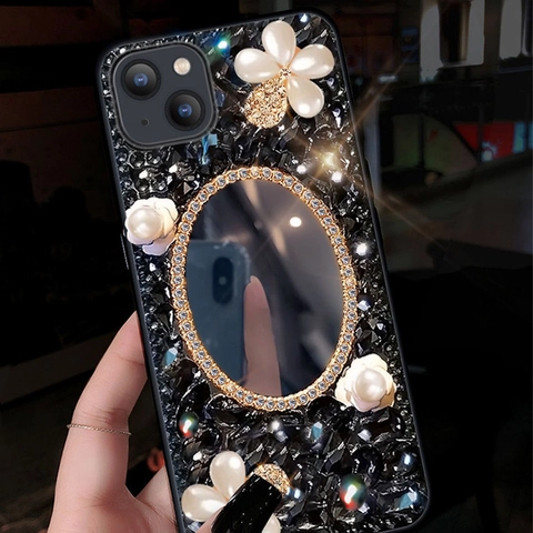 Luxury Rhinestone Artificial Pearl Flower Phone Case With Makeup Mirror PU PC Handmade Protective Cover For Women