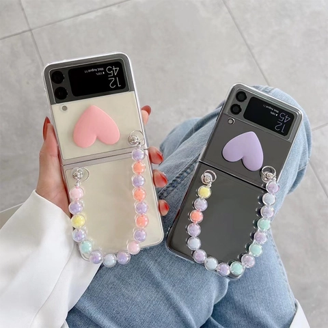 Foldable Phone Case For Fold Flip Series With 3D Heart And Colorful Bead Chain Strap Minimalist Protective Cover