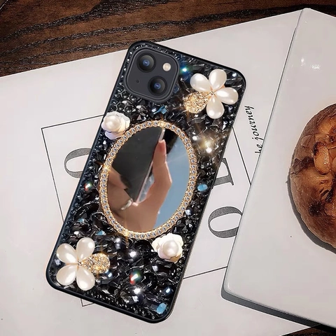 Luxury Rhinestone Artificial Pearl Flower Phone Case With Makeup Mirror PU PC Handmade Protective Cover For Women