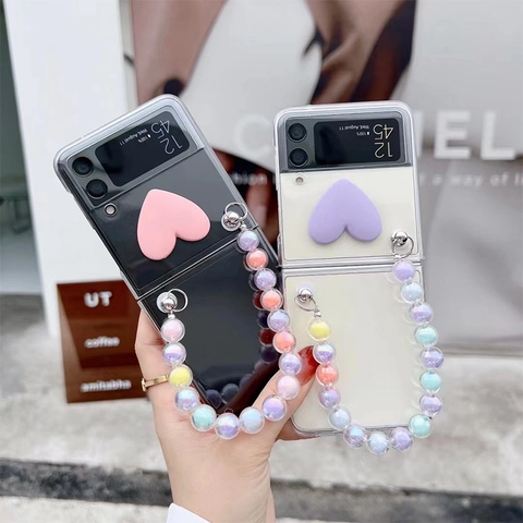 Foldable Phone Case For Fold Flip Series With 3D Heart And Colorful Bead Chain Strap Minimalist Protective Cover