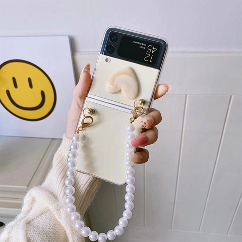 Folding Smart Phone Case With Faux Artificial Pearl Chain Handle And 3D Heart Decor Transparent PC Cover For Foldable Models