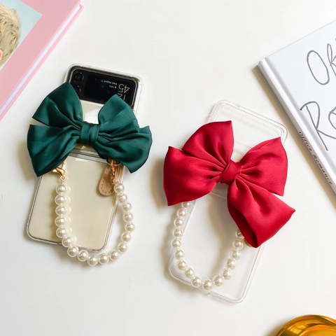 Transparent Folding Phone Case With Large Satin Ribbon Bow And Faux Artificial Pearl Hand Chain Strap Bracelet For Women Elegant Luxury Accessory