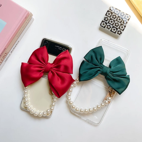 Transparent Folding Phone Case With Large Satin Ribbon Bow And Faux Artificial Pearl Hand Chain Strap Bracelet For Women Elegant Luxury Accessory