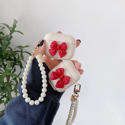 Cute Bowknot Wireless Earphone Protective Case With Faux Artificial Pearl Wrist Strap Hard PC Cover Elegant Sweet Style For Women