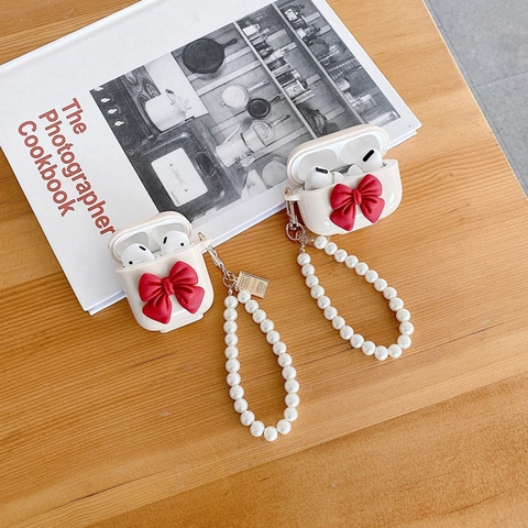 Cute Bowknot Wireless Earphone Protective Case With Faux Artificial Pearl Wrist Strap Hard PC Cover Elegant Sweet Style For Women