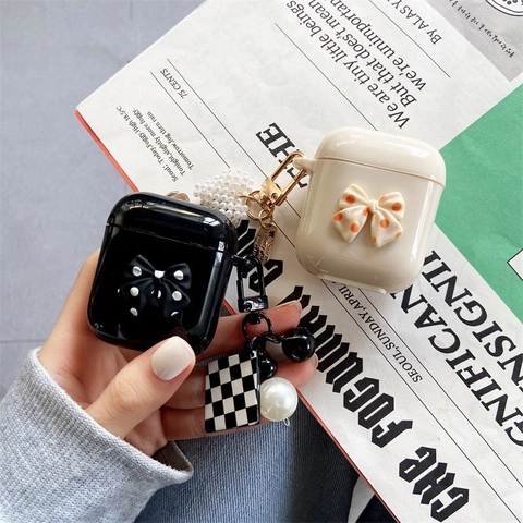 Custodia Protettiva Per Auricolari Wireless AirPods Pro 1 2 3 Silicone TPU Fiocco A Pois 3D Pendente Perla Artificial Scacchi Moda