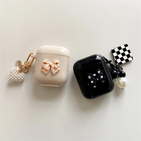 Custodia Protettiva Per Auricolari Wireless AirPods Pro 1 2 3 Silicone TPU Fiocco A Pois 3D Pendente Perla Artificial Scacchi Moda