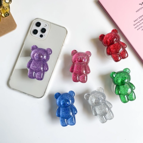 Supporto Per Telefono Orso Luccicante Pieghevole Griptok Adesivo Retrattile Resina Carino Cartone Animato 3D Accessorio Da Scrivania
