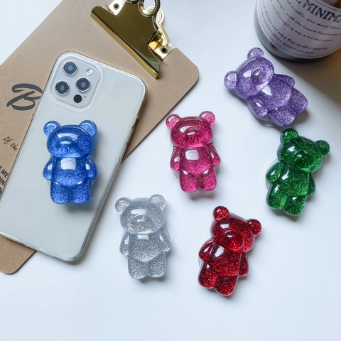 Supporto Per Telefono Orso Luccicante Pieghevole Griptok Adesivo Retrattile Resina Carino Cartone Animato 3D Accessorio Da Scrivania