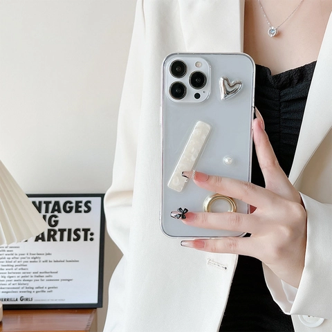 Luxury 3D Heart Marble Pattern Phone Case With Metal Ring Stand Artificial Pearl Decor Transparent Minimalist Lightweight Protective Cover