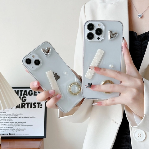 Luxury 3D Heart Marble Pattern Phone Case With Metal Ring Stand Artificial Pearl Decor Transparent Minimalist Lightweight Protective Cover