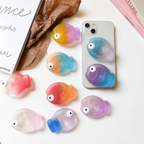 3D Fish Phone Griptok Stand Translucent Frosted Gradient Color Retractable Adhesive Mobile Phone Grip Accessory Cute