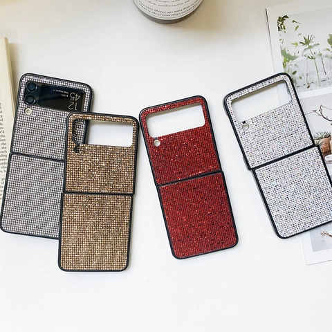 Luxury Sparkling Rhinestone Folding Case For Z Flip Series Grid Pattern Shockproof Full Protective Cover Shell