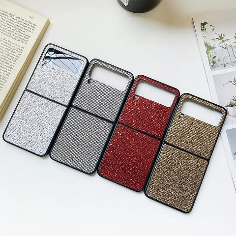 Luxury Sparkling Rhinestone Folding Case For Z Flip Series Grid Pattern Shockproof Full Protective Cover Shell