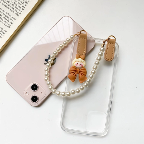 Süße Cartoon Mädchen Handyhülle Mit Künstliche Perlen Griffband Transparente TPU Schutzhülle Für Damen iPhone Kompatibel