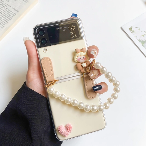 Süße 3D Mädchen Herz Transparente Klapphülle Für Faltbare Smartphones Mit Kunstperlen Handkette Kawaii Schutzhülle