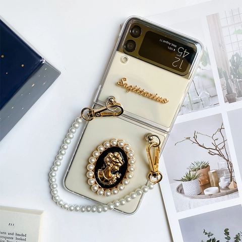 Faltbare Handyhülle Mit Künstliche Perlenarmband Kette Retro Cameo Relief Sternzeichen Schütze Muster Elegante Schutzhülle
