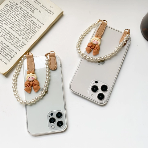 Süße Cartoon Mädchen Handyhülle Mit Künstliche Perlen Griffband Transparente TPU Schutzhülle Für Damen iPhone Kompatibel