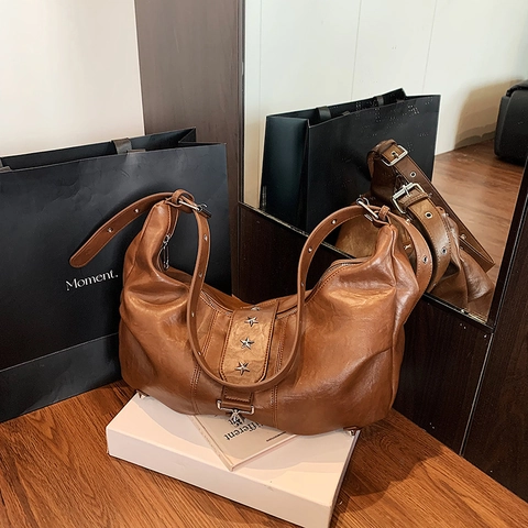 Vintage Große Hobo Tasche Für Damen PU Leder Umhängetasche Mit Sternnieten Verstellbarer Riemen Y2K Stil