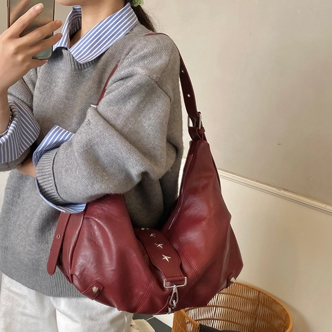 Vintage Große Hobo Tasche Für Damen PU Leder Umhängetasche Mit Sternnieten Verstellbarer Riemen Y2K Stil