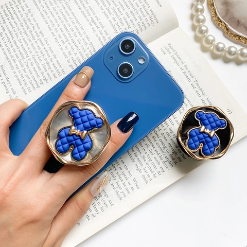 Griptok Soporte Expandible Para Teléfono Oso 3D Azul Klein Acolchado Con Lazo Dorado Estilo Ins Coreano Para Smartphone