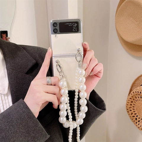 Elegant Faux Artificial Pearl Chain Bracelet Folding Phone Case Compatible With Z Flip Series Clear PC Hard Protective Cover Strap