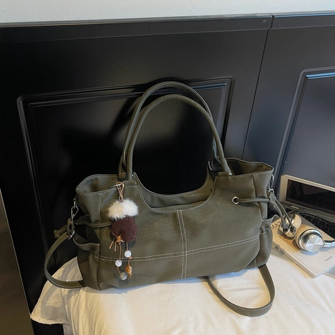 Retro Grote Capaciteit Tote Tas Mat PU Leer Contraststiksel Trekkoord Dames Schoudertas Commuter Chique